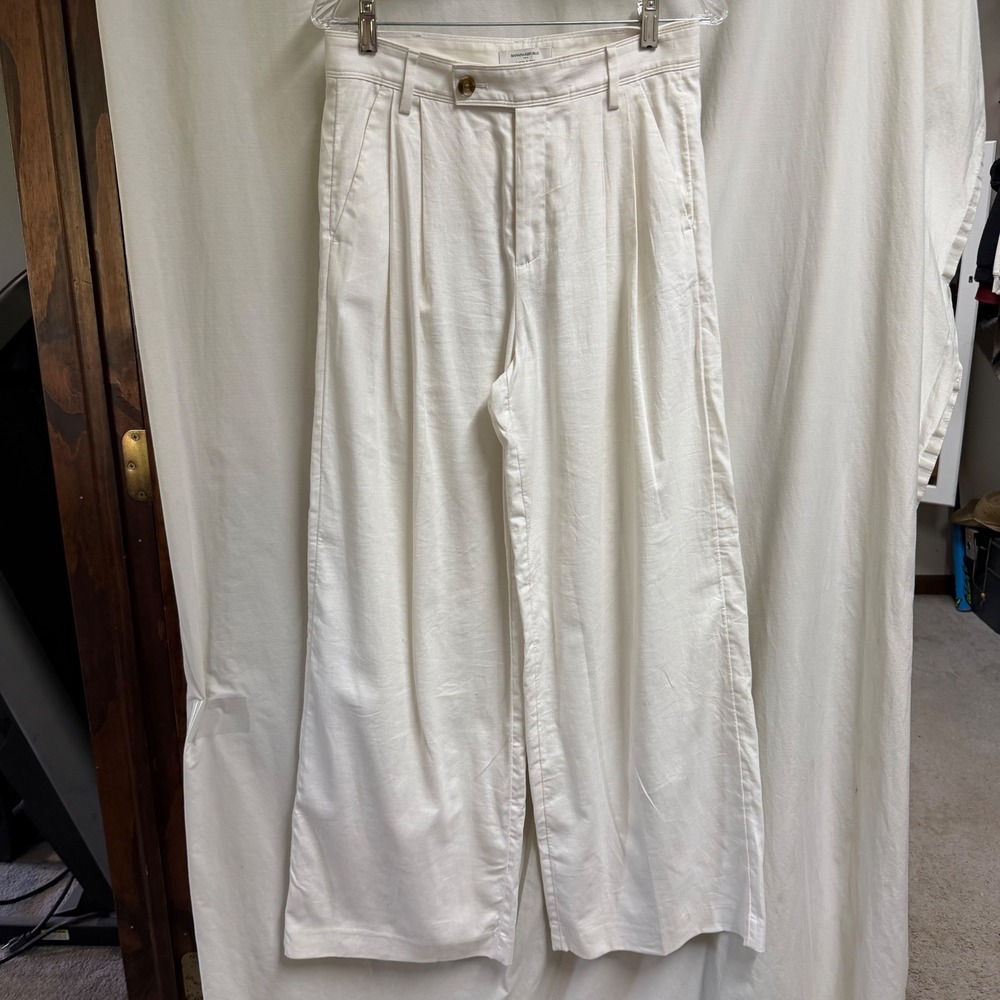 Banana Republic White Linen Blend High Waist Pleated Wide Leg Trousers Womens 4